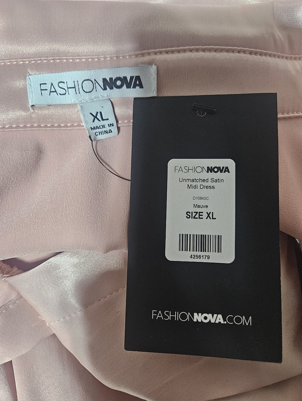 Fashion Nova Satin Midi Dress XL Mauve Ruched Tie Waist Long Sleeve NWT - Picture 4 of 8